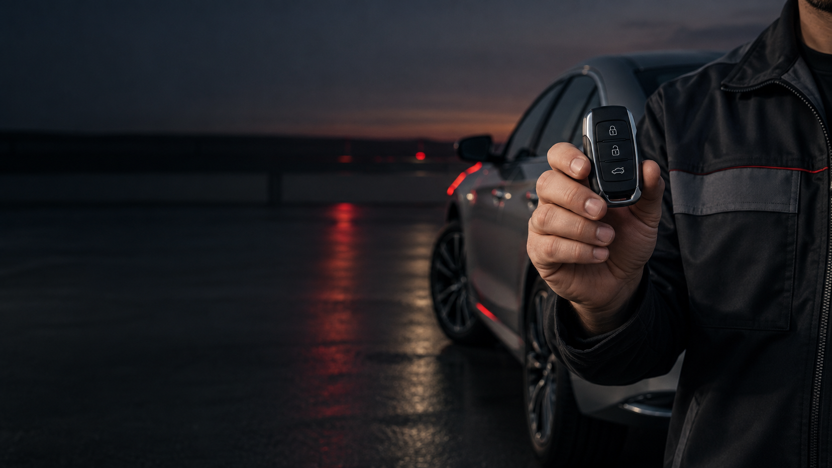 Automotive locksmith holding a car key fob