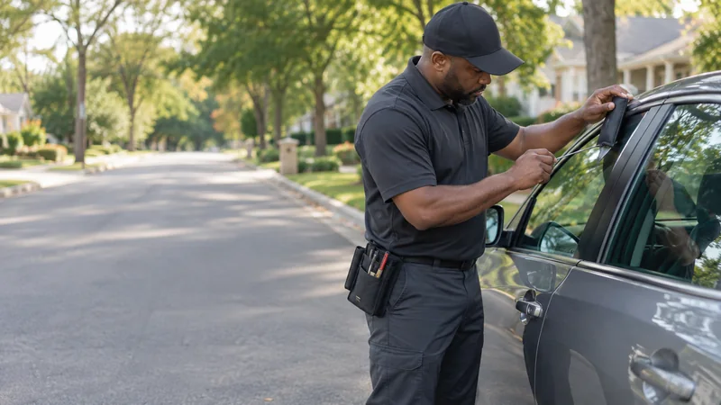Mobile locksmith unlocking a vehicle in a residential neighborhood