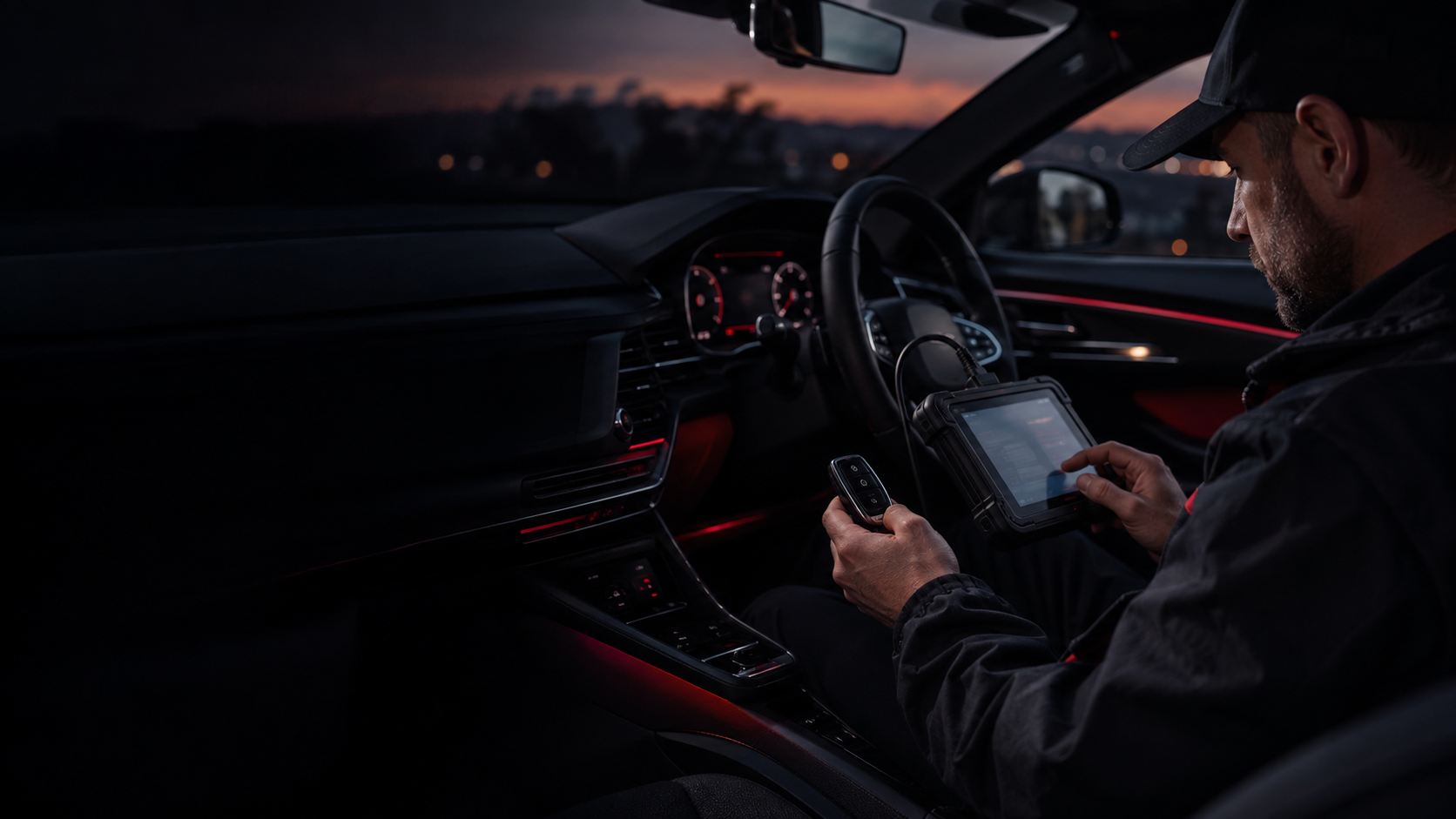 Automotive locksmith programming a car key