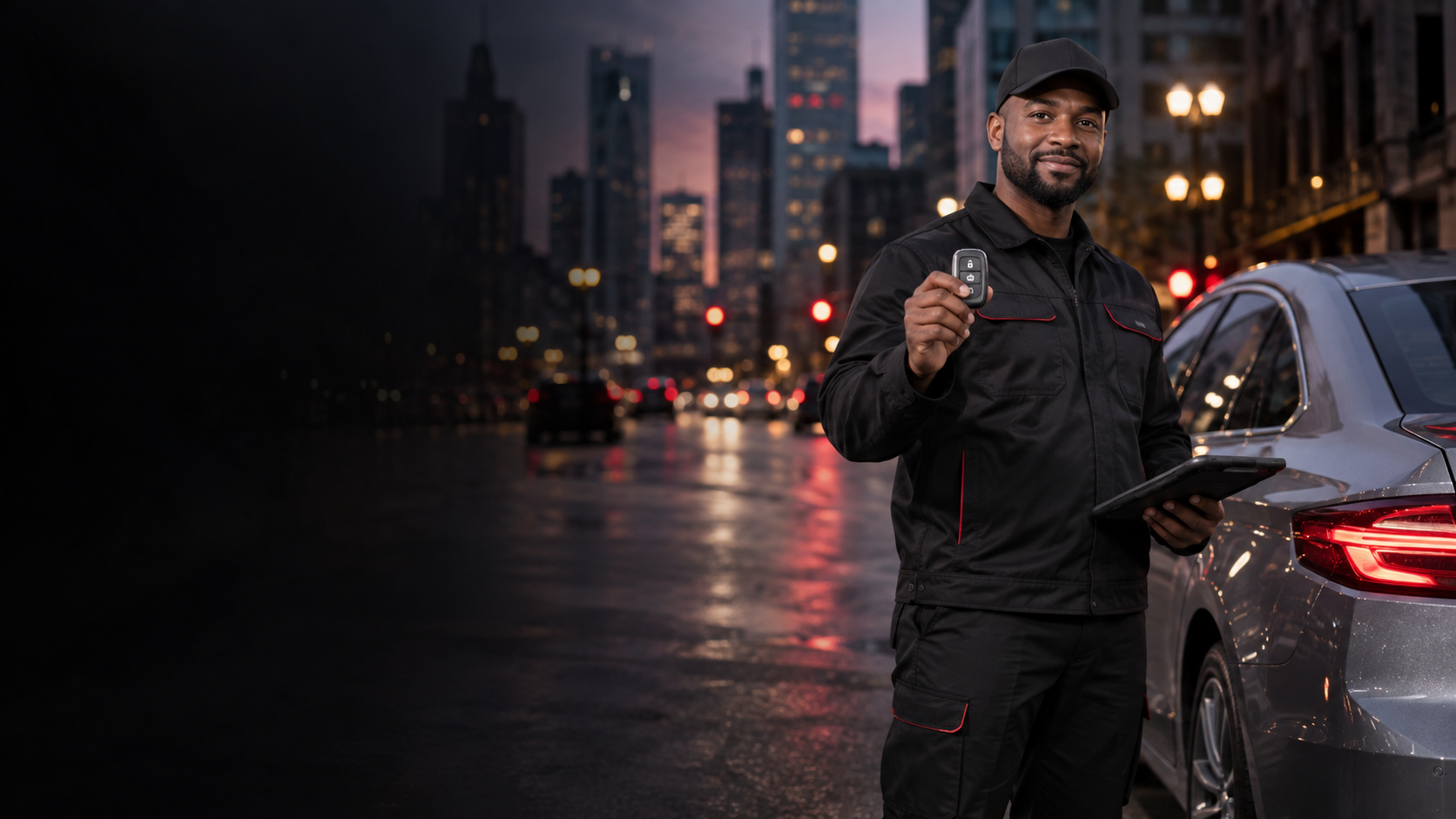 Black automotive locksmith holding a key fob in an urban area