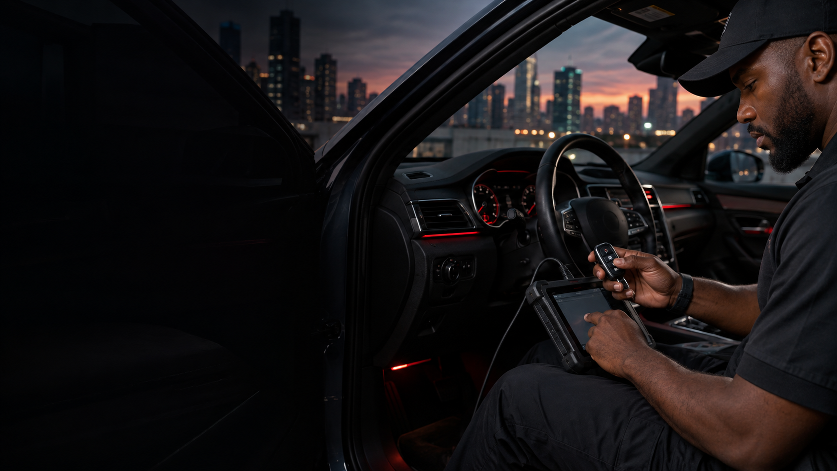 Black automotive locksmith programming a key fob in an urban parking deck