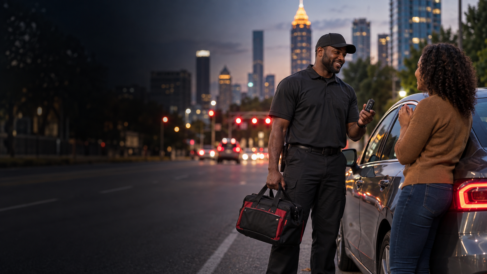 Black automotive locksmith assisting a customer with a vehicle lockout in the city